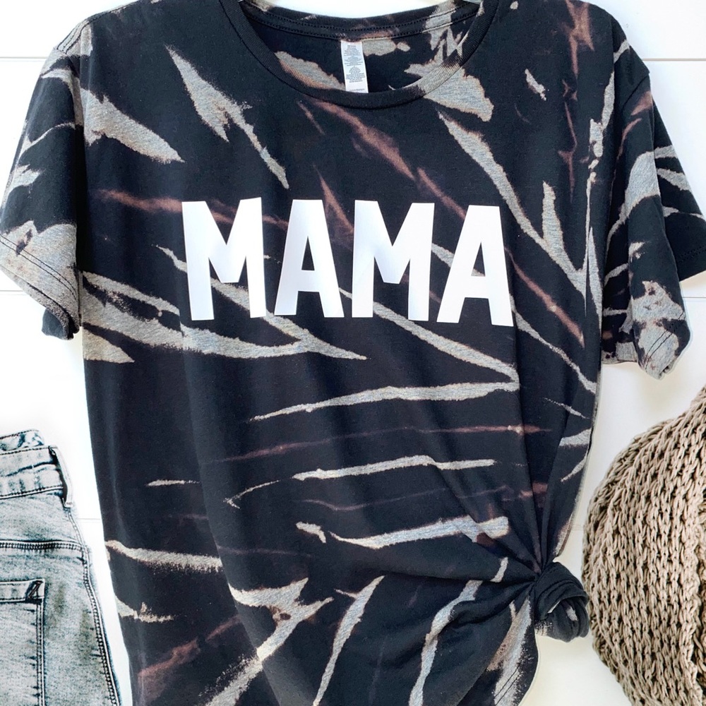 Mama bleached tie dye graphic tee Mom black shirt